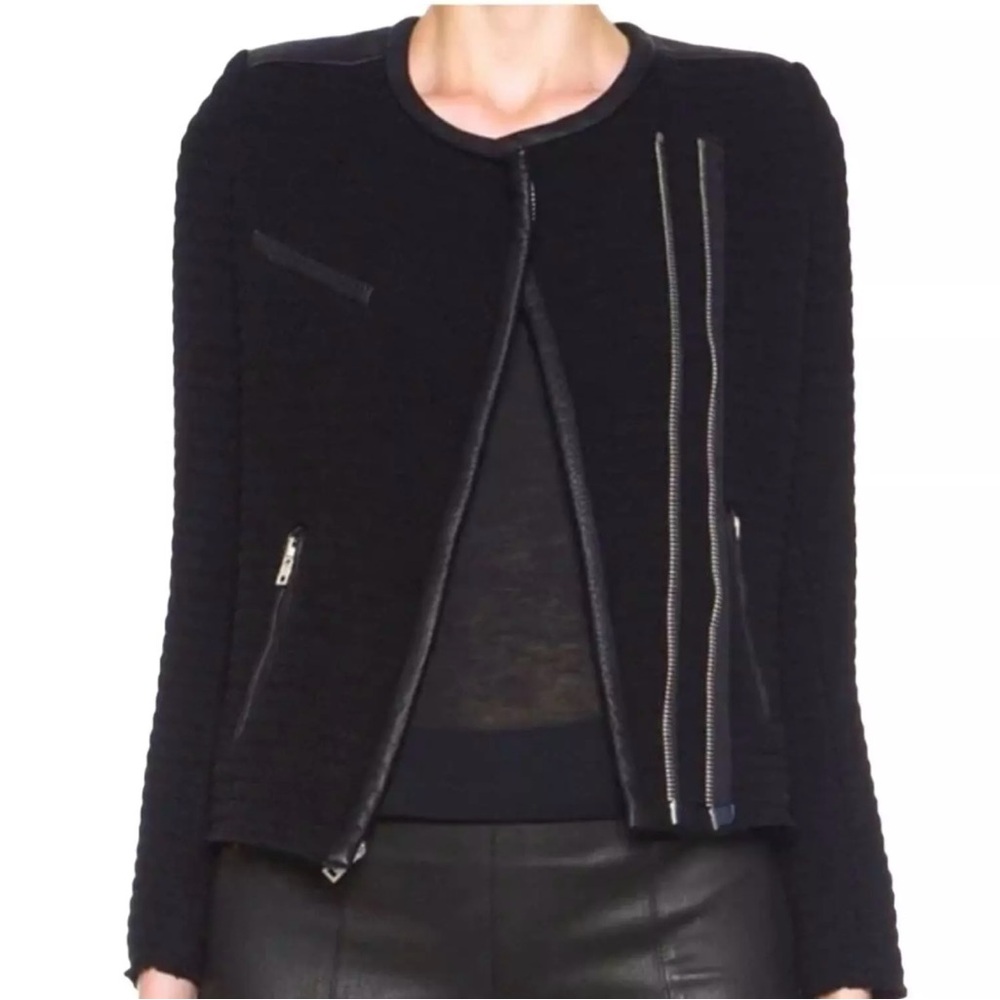 IRO Maiden Boucle‎ Knit Moto Jacket - Black Leather Trim Edgy Professional - Picture 4 of 12